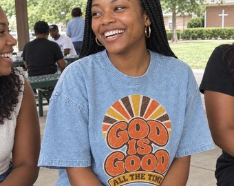 God Is Good All the Time Shirt, Retro Christian T-Shirt, Psalm 100:5 Groovy Bible Verse Tee, Oversized Washed Christian Streetwear