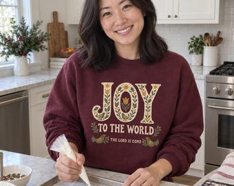 Joy to the World Sweatshirt, Christian Christmas Crewneck, Folk Art Psalm 98:4 Sweater, Religious Christmas Gift for Women