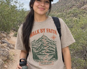 Walk by Faith Women's Boxy Tee, Heavyweight Christian Shirt for Women, 2 Corinthians 5:7 Trail Map Bible Verse Top, Gift for Her