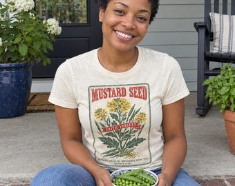 Faith as a Mustard Seed Women's Fitted Tee, Christian Shirt for Women, Matthew 17:20 Seed Packet Bible Verse Top, Christian Gift for Her