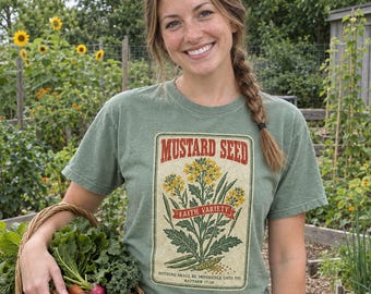 Faith as a Mustard Seed Shirt, Vintage Seed Packet Christian T-Shirt, Matthew 17:20 Bible Verse Tee, Comfort Colors Gardening Gift