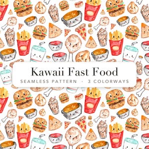Può includere: Un motivo continuo con illustrazioni ad acquerello di fast food con facce sorridenti, tra cui hamburger, patatine fritte, hot dog, fette di pizza e frappé. Un'etichetta rettangolare bianca al centro riporta la scritta Kawaii Fast Food.