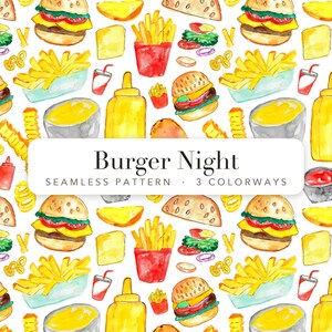 Può includere: Un motivo continuo con illustrazioni ad acquerello di hamburger, patatine fritte in contenitori rossi, bottiglie di senape gialla, contenitori di ketchup e bicchieri di bibite. Il testo Burger Night SEAMLESS PATTERN 3 COLORWAYS è centrato.