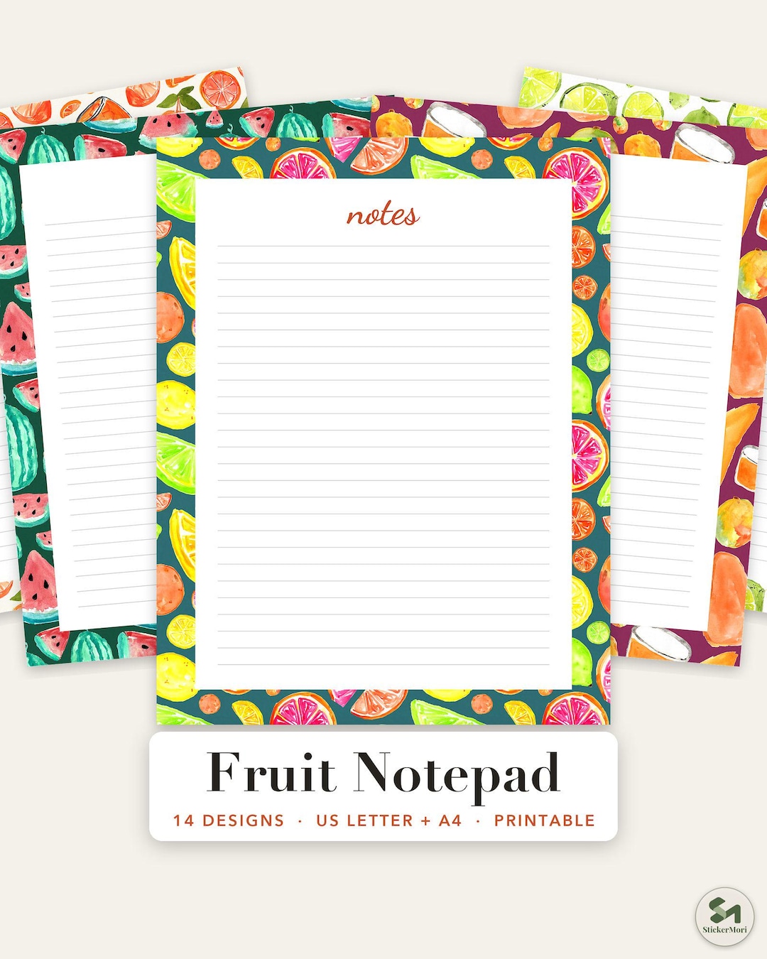 Printable Fruit Notepad, 14 Watercolor Lined Note Pages, Lemon ...