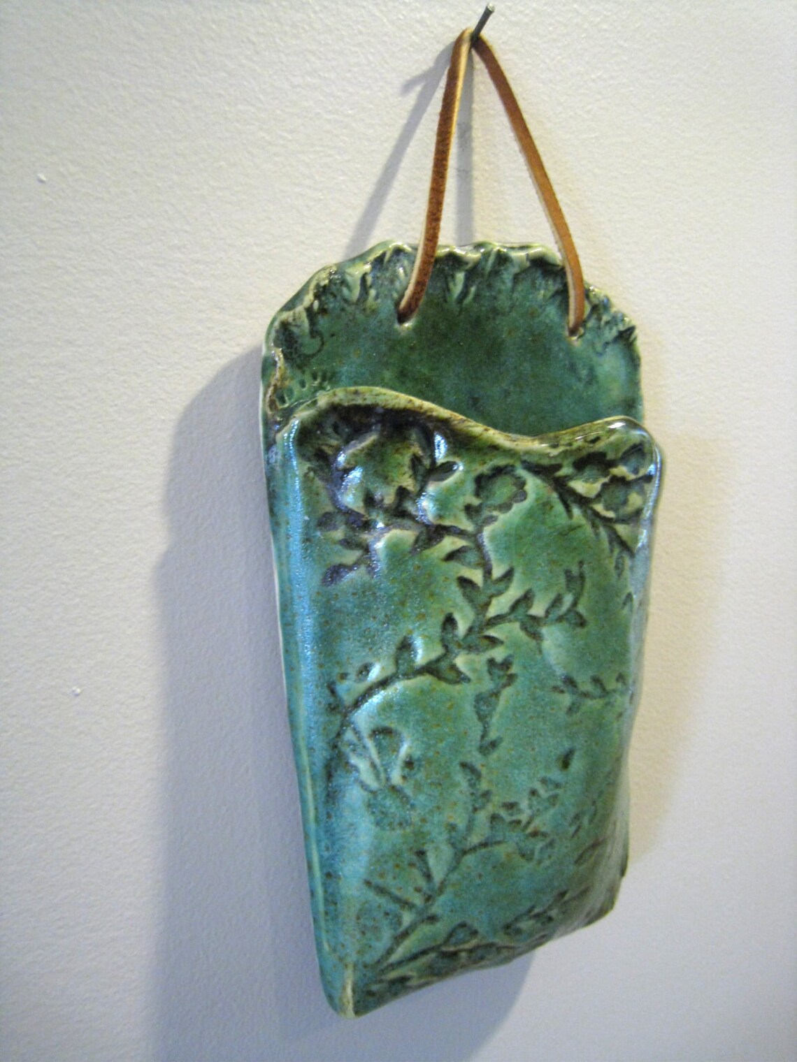Green floral ceramic wall pocket vase Etsy