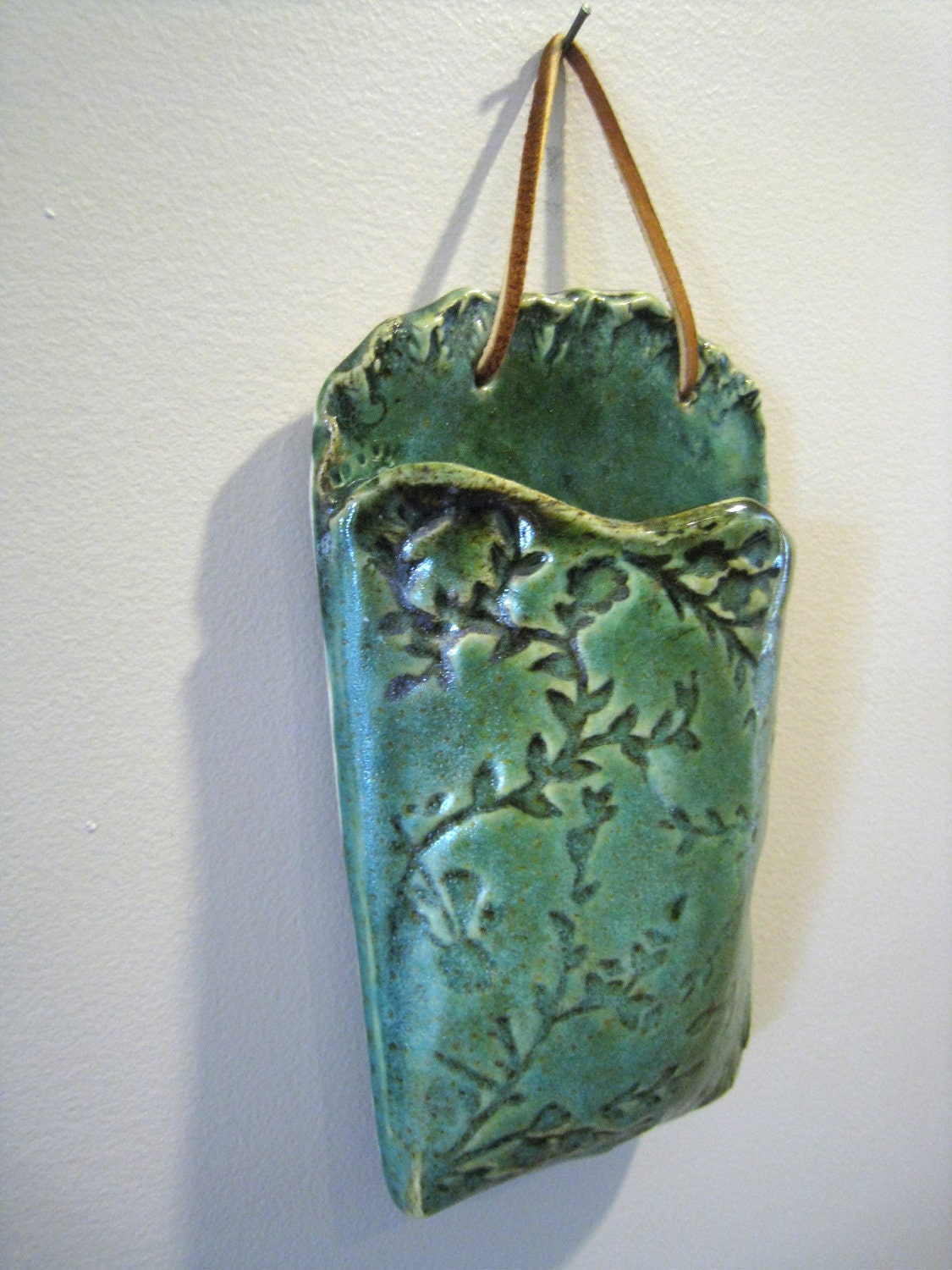 Green floral ceramic wall pocket vase Etsy