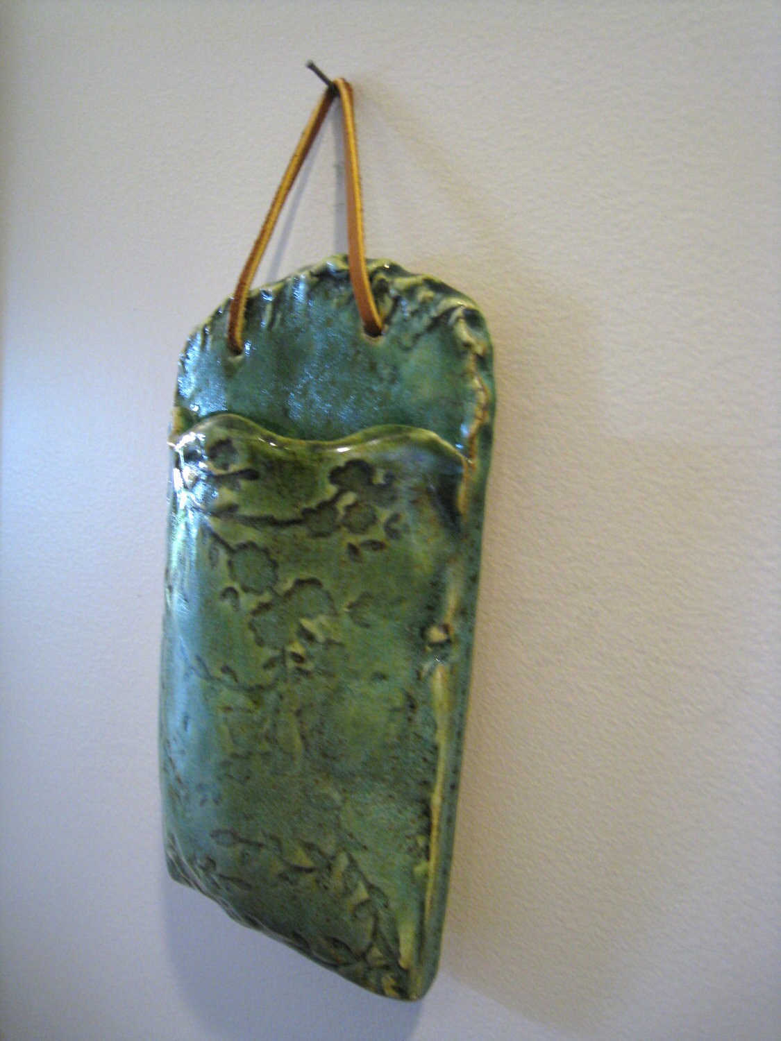 Green floral ceramic wall pocket vase Etsy