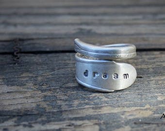 Spoon Ring Hand Stamped Dream Logo Flower Detail Silver Plate Size 8 1/4