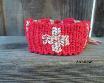 Macrame Bracelet Red and Red multicolor Cotton Thread with Button Closure Rugged Southwest Inspired Weaving Unisex