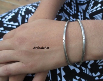 Silver Double Wire Bangle Bracelet Hammered Stamped Chevron Rustic Primitive Unisex