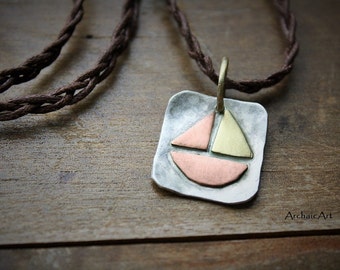 Mixed Metal Sterling Silver Copper Brass Sailboat Pendant Braided Cotton Cord Minimal Modern Abstract Unisex Necklace