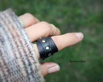 Leather Ring Upcycled Repurposed Black Textured Upholstery Leather Hand Riveted Closure Size 8US