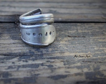 Spoon Ring Hand Stamped Wander Logo Flower Detail Silver Plate Size 7 3/4