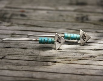 925 Silver Arrow Hand Stamped Turquoise Bead Threader Dangle Earrings Southwest Roadtrip