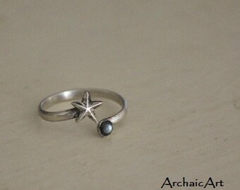 925 Silver Cosmic Star Wrap Ring Black Mother of Pearl Cabochon Size 6-6.5 Adjustable