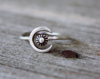 925 Silver Shot Plate Forged Star with Moon Cosmic Brutalist design Ring size 7 US