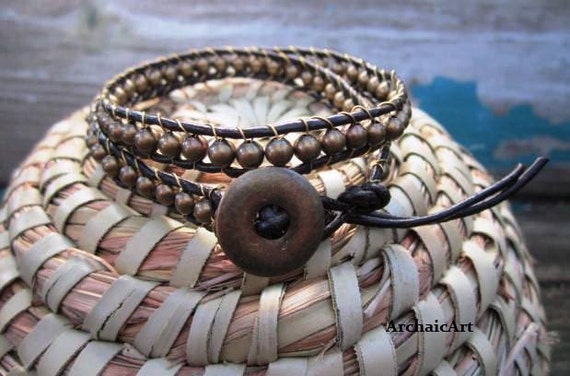 Leather Beaded Bracelet, Double Wrap, Brass Wire Wrap,brass Beads 