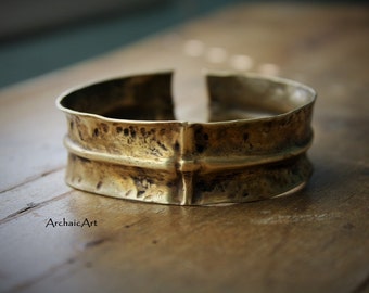 Brass Fold Formed Cuff Bracelet Hand Hammered Battered Rustic Boho Chic Gypsy Nomad Artifact