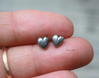 Heart Shaped Stud Earrings Sterling Silver Shot Plate Formed Recycled Silver Hand Forged