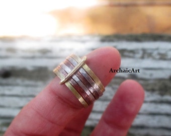 Stack Rings Copper Brass Silver 6 With Attached Brass Band Rustic Tribal Industrial Modern Classic Style Size 6.5