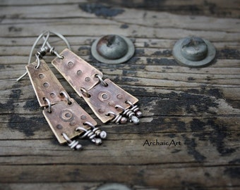 Brass Earrings Hand Stamped Silver Dangles Rustic Tribal Boho Statement