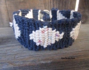 Macrame Bracelet Blue with White Based Multicolor Cotton Thread Button Closure Rugged Southwest Inspired Weaving Unisex