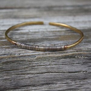 Brass Bracelet 925 Silver Wire Wrap Detail Minimal Modern Everyday Wearable Art Bangle Cuff Unisex
