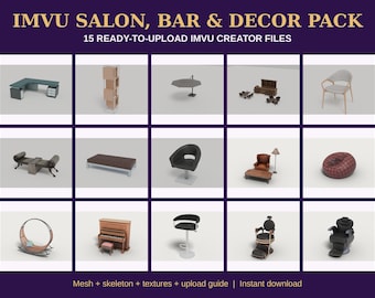 IMVU Furniture Creator Files, Salon, Bar & Decor Pack, 15 Files: Barber Chair, Bar Stool, Desk, Bookcase, Swing | Instant Download
