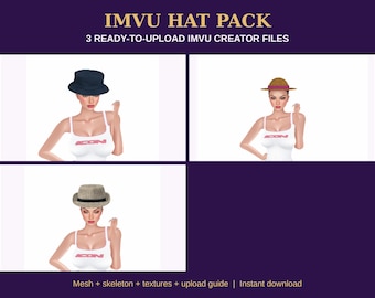 IMVU Hat Creator Pack, 3 Files: Bucket Hat, Straw Sun Hat, Linen Fedora | Head Rigged Mesh + Colour Textures | Instant Download