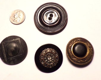 Vintage Buttons, 1930's to 1940's Collectible Metal and Bakelite Black Buttons, Rhinestone, Lot of 4