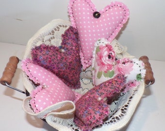 Fabric Hearts Country Bowl Fillers, Wedding Decor, Unique Set of 5 Valentine's Day Gift, Mother's Day, Home and Living Decor,