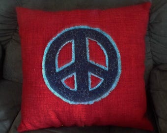 Handmade Peace Sign Pillow: Upcycled Fabric Cushion, Red & Blue, Dorm Decor  Mother's Day Gift