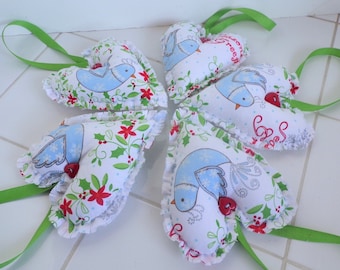 Christmas Ornaments Five Handmade Unique Fabric Hearts Christmas Decor Home Decor Ornament Double Sided, Blue, Red, Doves, Unique Gift,