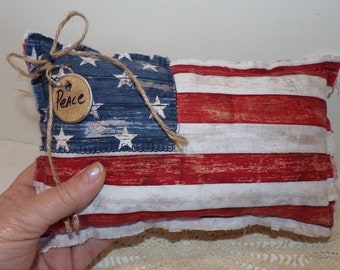 Flag Pillow Shelf Pillow July 4th Country Farmhouse Patriotic America Veterans, Handmade,