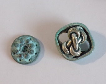 Vintage Metal Buttons, 1930's Blue Patina Collectible Buttons, Lot of 2