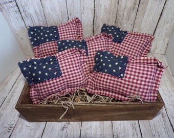 Patriotic Flag Bowl Fillers with Wooden Box Labor Day Veterans Day Handmade Primitive Ornaments USA, America, Country, Rustic,