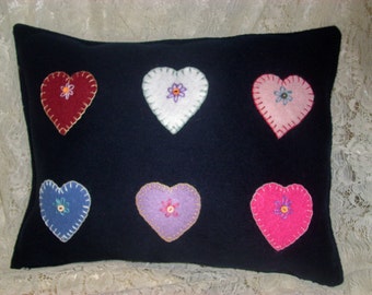 Navy Blue Wool Pillow Handmade Embroidered Felt Hearts Country Hearts  Mother's Day