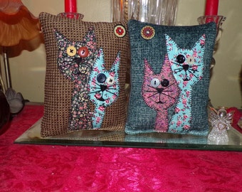 Folk Art Whimsical Cat Pillows Set of 2 Alley Cat Shelf Pillows Primitive Style Bowl Fillers Handmade BOHO Cats