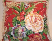 Mother's Day, DECORATIVE PILLOW, Handmade, Vibrant Red, Designer Fabric, Green, Cream, Home Decor, Home and Living, Spring, Summer, Cushion