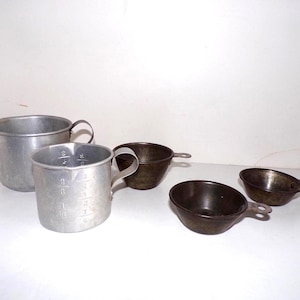 Vintage Metal Measuring Cups and Drinking Tin, 1940&#39;s, Farmhouse Decor, Cabin Decor