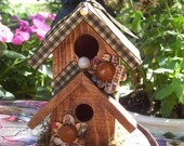 WOODEN BIRDHOUSE Hand Decorated OOAK Decorated Buttons and Green and White Gingham Ribbons