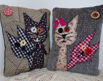 Pillows Folk Art Cat Decor Whimsical Set of 2 Classy Alley Cat Shelf Pillows Primitive Style Bowl Fillers Handmade BOHO Cats