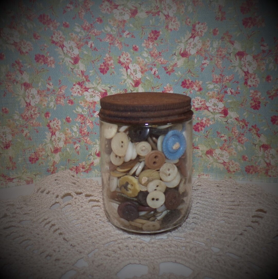 Old Jar of Vintage Buttons Sewing Supplies Old Glass Buttons Mother of