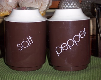 Vintage SALT & PEPPER SHAKERS, Brown and White with White Lettering