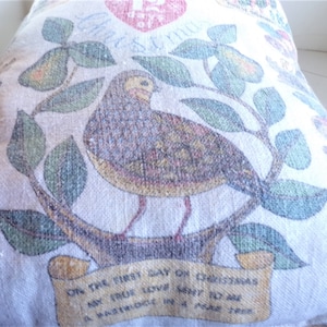 Christmas Pillow, Vintage, Linen Fabric Tea Towel, Upcycled Christmas Calendar, 12 Days Of Christmas Handmade Pillow