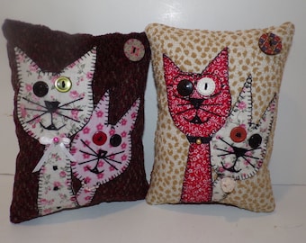 Cat Decor Pillows Folk Art Whimsical Set of 2 Classy Alley Cat Shelf Pillows Primitive Style Bowl Fillers Handmade BOHO Cats