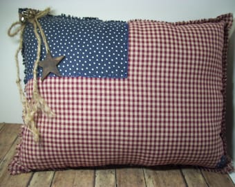Hand Sewn Primitive Americana Pillow: Burgundy Red Fourth of July Decor,