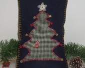 CHRISTMAS PILLOW, OOAK Folk Art Pillow, Handmade, Christmas Tree, Navy Blue Wool,Green, Red Bells, Gold Bells