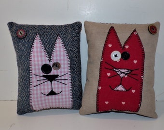 Folk Art Whimsical Shelf Cat Decor Pillows Set of 2 Primitive Style Bowl Fillers Handmade BOHO Cats