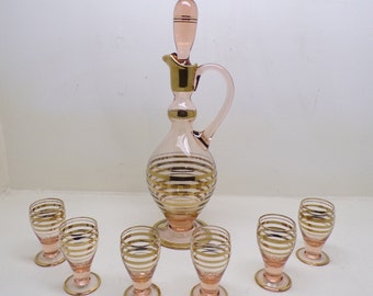 Pink Glass Decanter and Glassware Set with Gold Stripes and Stopper, Romanian Boho Art Deco Barware Vintage 1950's, Wedding Gift